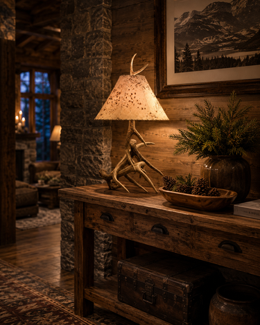 Real Three Antler Table Lamp plus Sheepskin Lampshade